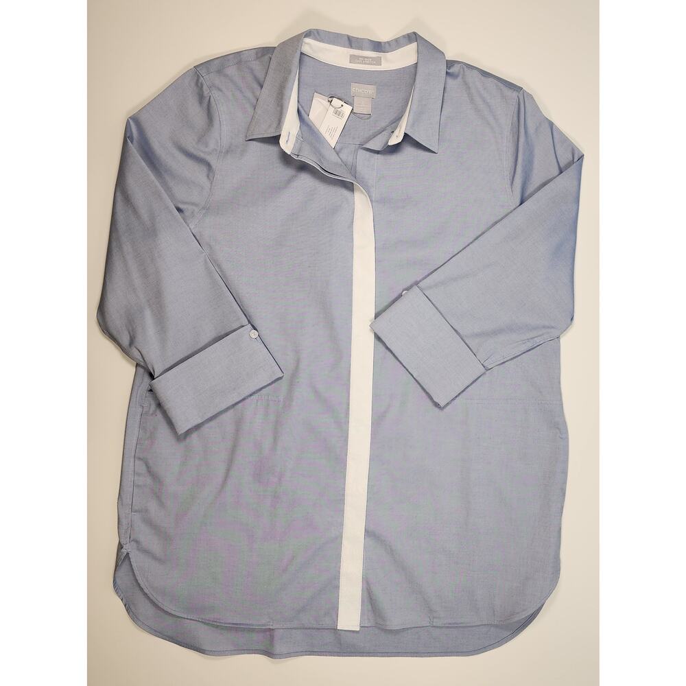 Chico’s No Iron Blue Tunic Blouse Contrast Trim Size 3 (16/18) NWT - Picture 2 of 9